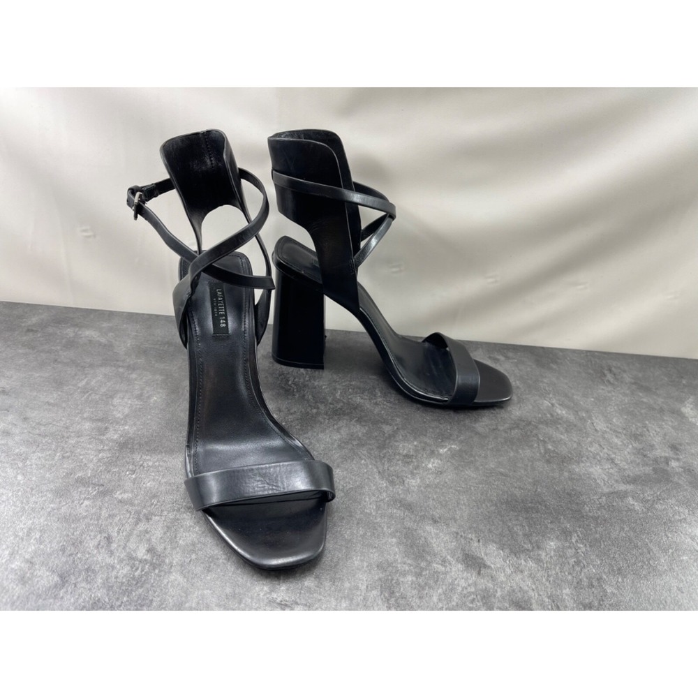 Lafayette 148 Solla Heel Sandal Women 8.5M Shoes Black Leather Block Ankle Strap